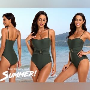 Amazon (Hilor) Olive Belted Tummy High Cut Slimming One Piece Swimsuit Size 16